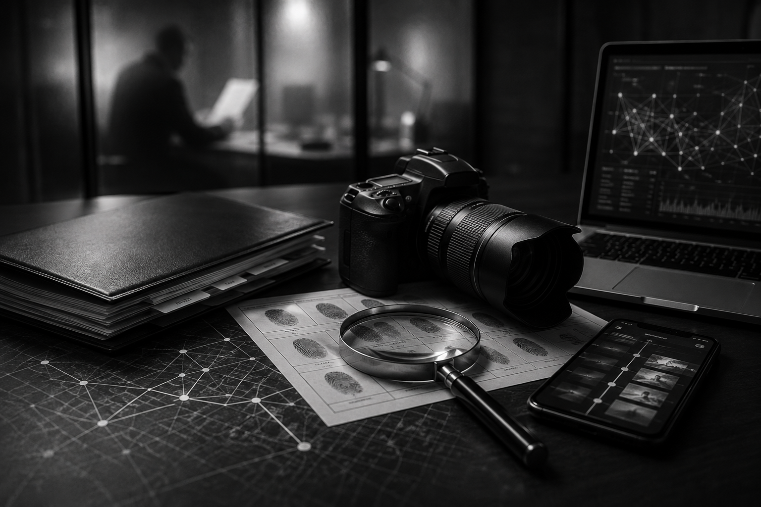 Private investigation services including surveillance, digital forensics, fingerprint analysis and case research